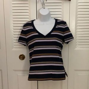 Navy, purple and yellow stripped shirt